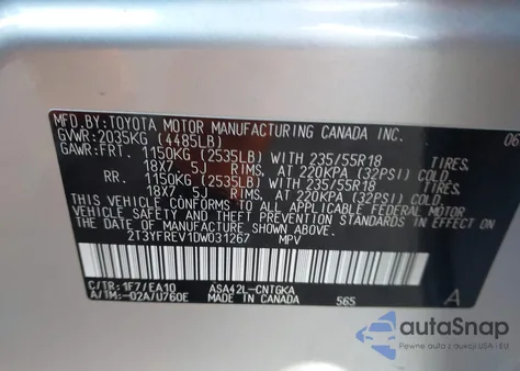 2013 Toyota Rav4 Limited z USA, uszkodzony, nr VIN 2T3YFREV1DW031267